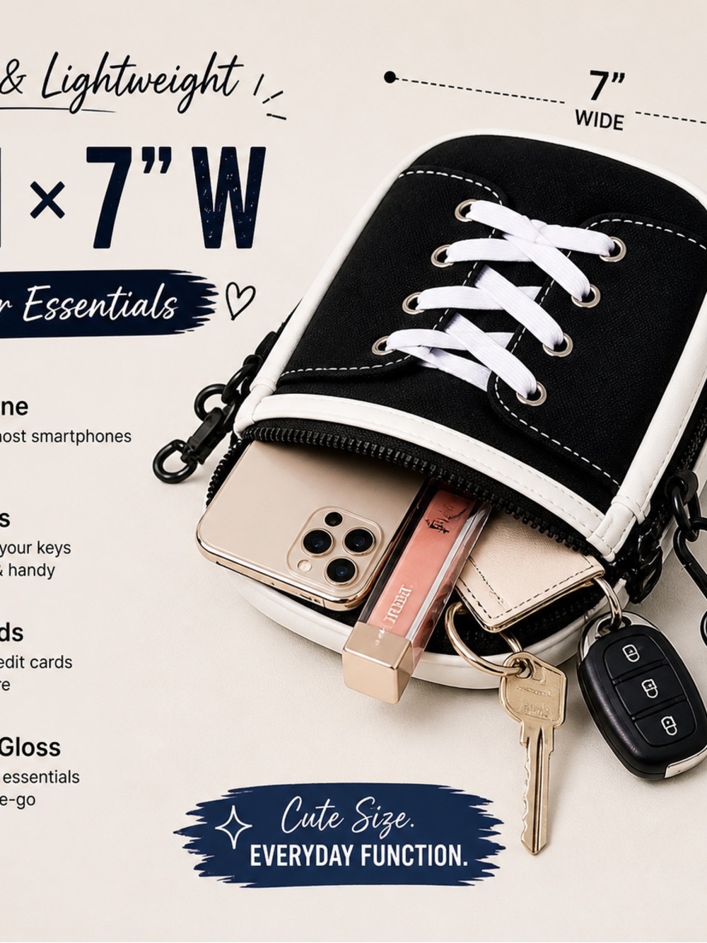Shoelace Crossbody Bag Sneaker Style Canvas Purse Navy or Black Cute Trendy - Picture 4 of 8